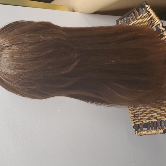 100%  Human Hair Wig long  top band and layers brown with copper highlight - Picture 9 of 11